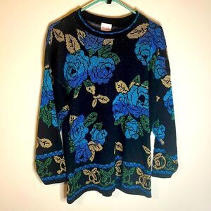 COPY - Holiday Time VTG Black Blue Women’s Acrylic Sweater Rose Small Retro Ugl…